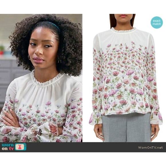 Ted Baker Luceal Ivory Pink Thistle Floral Print Long Sleeve Blouse Size 4/Large - Picture 2 of 7